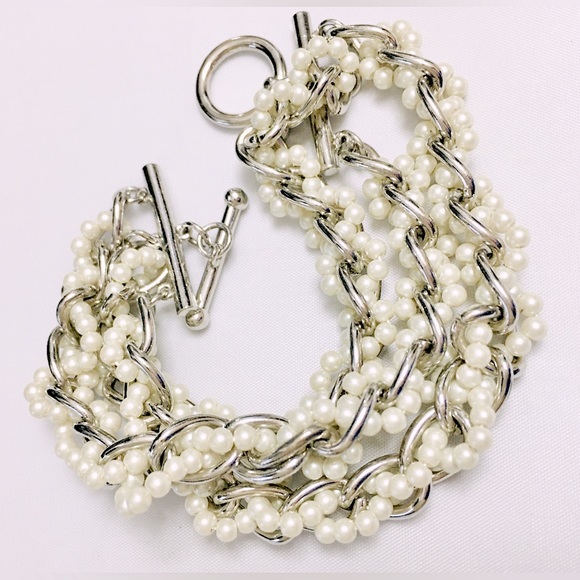 Silver Tone Faux Pearl Braided Bracelet - Picture 6 of 6